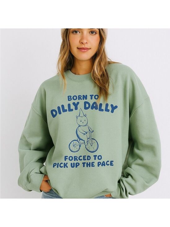 Boutique Tops - "Born to Dilly Dally" Oversized Sweatshirt - Funny Bear on Bike Crewneck